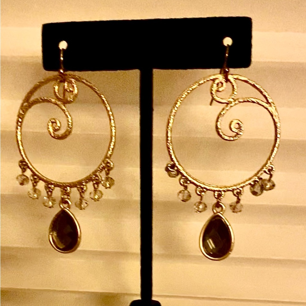 Earrings GoldTone Spiral  faux Amber Crystal